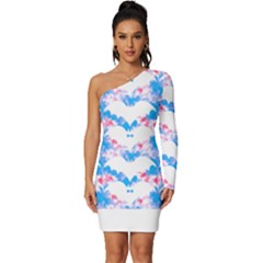 Bats Pattern T- Shirt White Bats And Bows Blue Pink T- Shirt Long Sleeve One Shoulder Mini Dress by maxcute