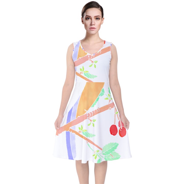 Birds Illustration T- Shirtbird T- Shirt (8) V-Neck Midi Sleeveless Dress 