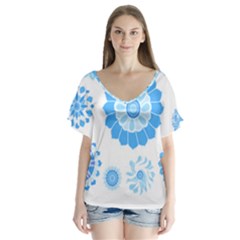 Blue Flowers T- Shirt Blue Psychedelic Floral Power Pattern T- Shirt V-Neck Flutter Sleeve Top