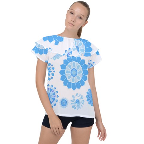 Blue Flowers T- Shirt Blue Psychedelic Floral Power Pattern T- Shirt Ruffle Collar Chiffon Blouse by maxcute