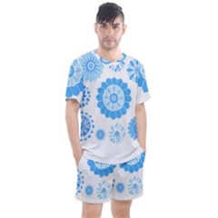 Blue Flowers T- Shirt Blue Psychedelic Floral Power Pattern T- Shirt Men s Mesh Tee and Shorts Set