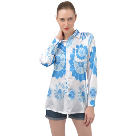 Blue Flowers T- Shirt Blue Psychedelic Floral Power Pattern T- Shirt Long Sleeve Satin Shirt by maxcute