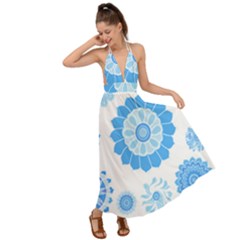 Blue Flowers T- Shirt Blue Psychedelic Floral Power Pattern T- Shirt Backless Maxi Beach Dress