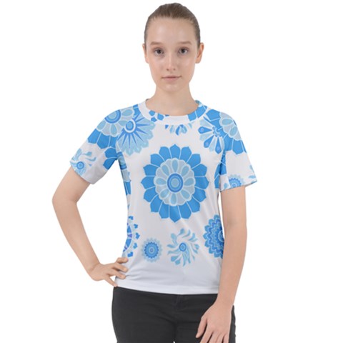 Blue Flowers T- Shirt Blue Psychedelic Floral Power Pattern T- Shirt Women s Sport Raglan Tee by maxcute