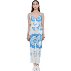 Blue Flowers T- Shirt Blue Psychedelic Floral Power Pattern T- Shirt V-neck Spaghetti Strap Tie Front Jumpsuit by maxcute