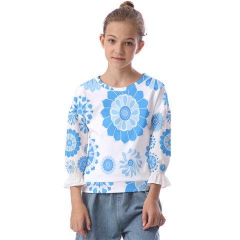 Blue Flowers T- Shirt Blue Psychedelic Floral Power Pattern T- Shirt Kids  Cuff Sleeve Top by maxcute