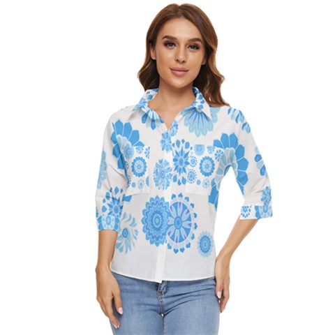 Blue Flowers T- Shirt Blue Psychedelic Floral Power Pattern T- Shirt Women s Quarter Sleeve Pocket Shirt by maxcute