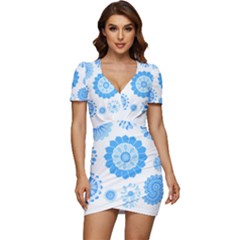 Blue Flowers T- Shirt Blue Psychedelic Floral Power Pattern T- Shirt Low Cut Cap Sleeve Mini Dress