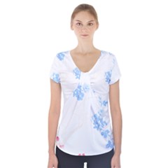 Blue Flowers T- Shirtblue And Pink Flowers Floral Art T- Shirt Short Sleeve Front Detail Top by maxcute