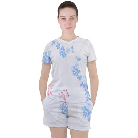 Blue Flowers T- Shirtblue And Pink Flowers Floral Art T- Shirt Women s Tee And Shorts Set by maxcute