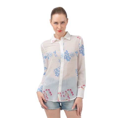 Blue Flowers T- Shirtblue And Pink Flowers Floral Art T- Shirt Long Sleeve Chiffon Shirt by maxcute