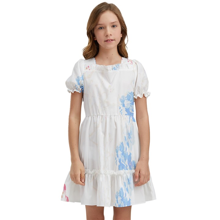 Blue Flowers T- Shirtblue And Pink Flowers Floral Art T- Shirt Kids  Puff Sleeved Dress