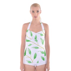 Boho Leaf Pattern T- Shirt Boho Leaf Pattern8 Boyleg Halter Swimsuit  by maxcute