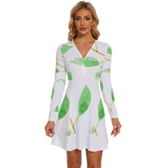 Boho Leaf Pattern T- Shirt Boho Leaf Pattern8 Long Sleeve Deep V Mini Dress 