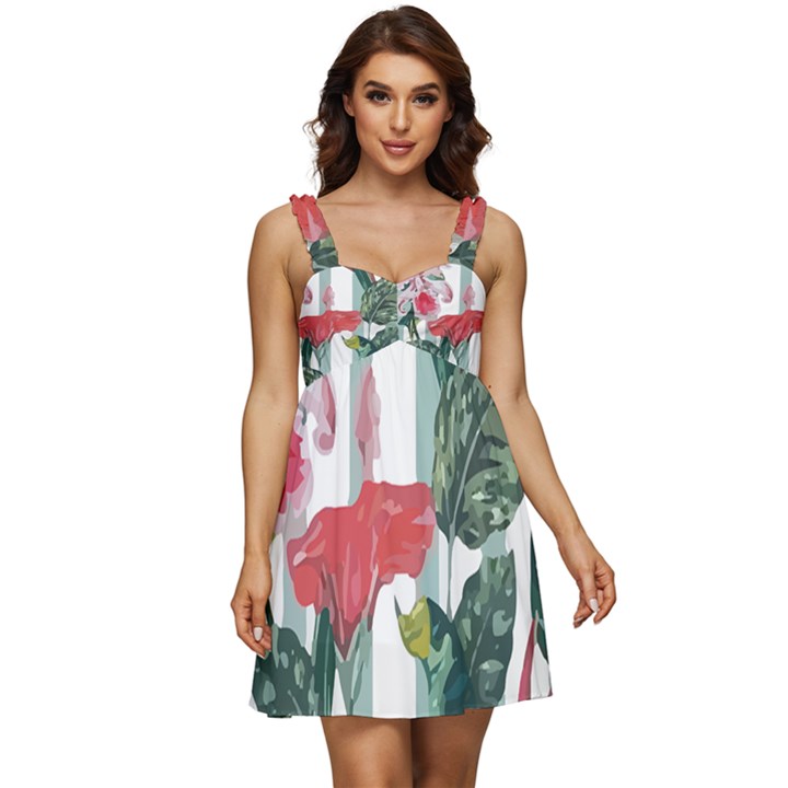 Botanical T- Shirt Botanical Attractive Cardinal Flowers T- Shirt Ruffle Strap Babydoll Chiffon Dress