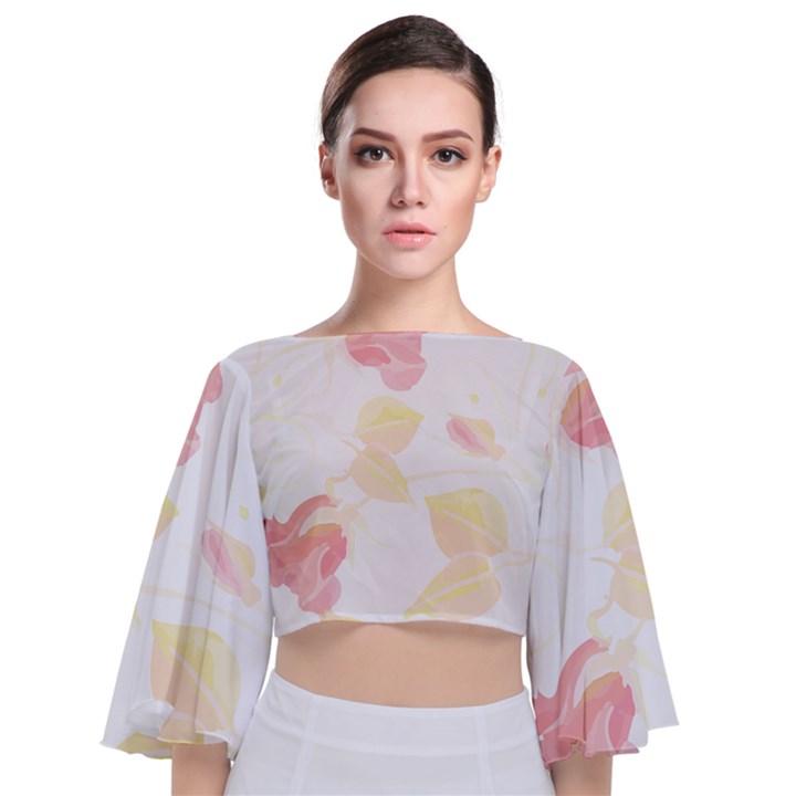 Botanical T- Shirt Botanical Beautiful Flowered T- Shirt Tie Back Butterfly Sleeve Chiffon Top