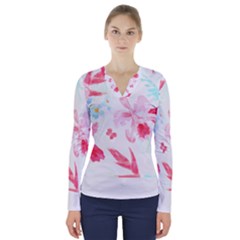 Botanical T- Shirt Botanical Charming Cardinal Flowers T- Shirt V-neck Long Sleeve Top