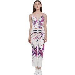 Botanical T- Shirt Botanical Creative Flower Mounted T- Shirt V-neck Spaghetti Strap Tie Front Jumpsuit