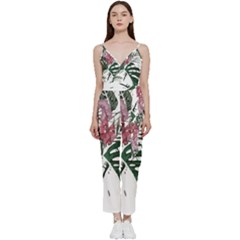 Botanical T- Shirt Botanical Exquisite Kisses Gray T- Shirt V-neck Spaghetti Strap Tie Front Jumpsuit