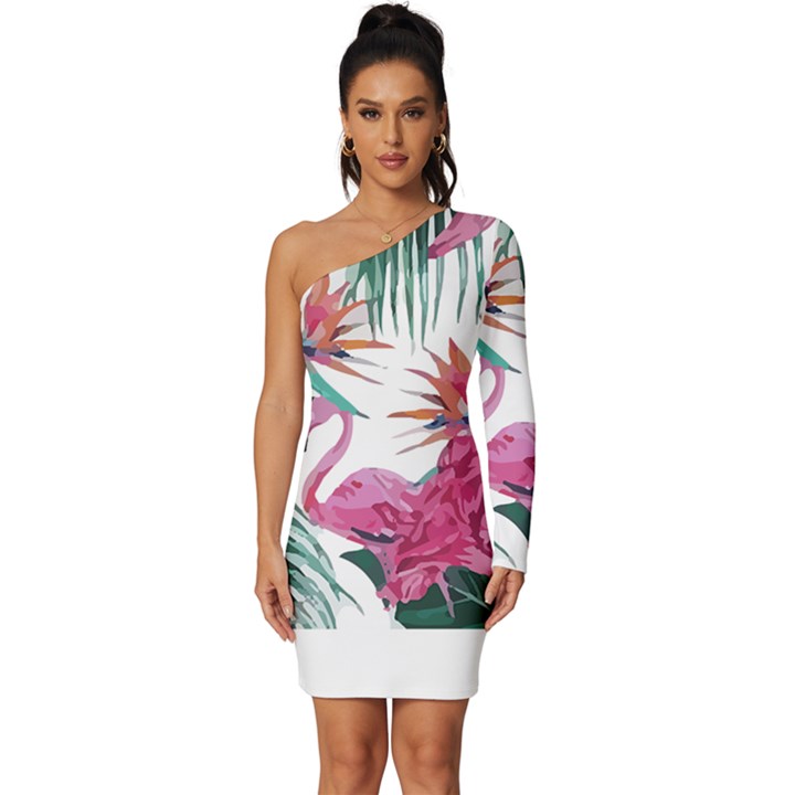 Botanical T- Shirt Botanical Fascinating Floral T- Shirt Long Sleeve One Shoulder Mini Dress