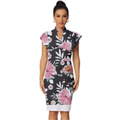 Botanical T- Shirt Botanical Graceful Pattern T- Shirt Vintage Frill Sleeve V-neck Bodycon Dress