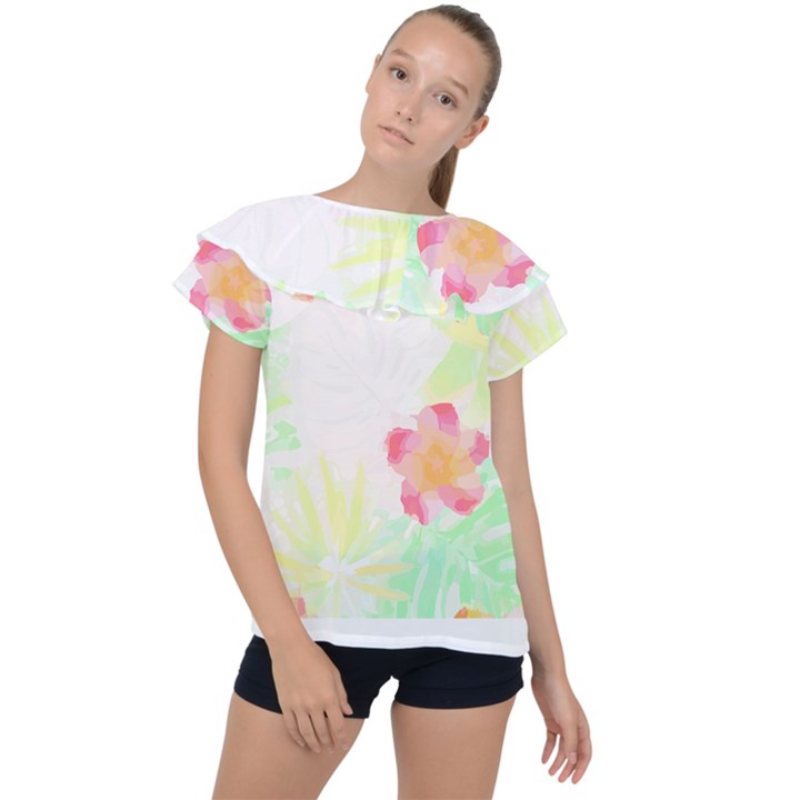 Botanical T- Shirt Botanical Handsome Coral Flower T- Shirt Ruffle Collar Chiffon Blouse