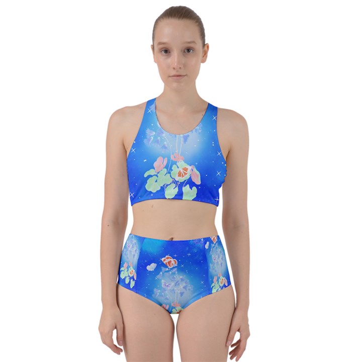 Butterflies T- Shirt Serenity Blue Floral Design With Butterflies T- Shirt Racer Back Bikini Set