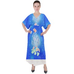 Butterflies T- Shirt Serenity Blue Floral Design With Butterflies T- Shirt V-neck Boho Style Maxi Dress by maxcute