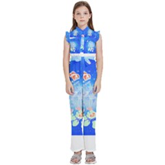 Butterflies T- Shirt Serenity Blue Floral Design With Butterflies T- Shirt Kids  Sleeveless Ruffle Edge Band Collar Chiffon One Piece