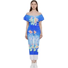 Butterflies T- Shirt Serenity Blue Floral Design With Butterflies T- Shirt Off Shoulder Ruffle Top Jumpsuit