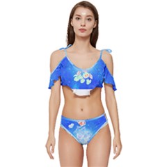 Butterflies T- Shirt Serenity Blue Floral Design With Butterflies T- Shirt Ruffle Edge Tie Up Bikini Set	