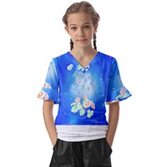 Butterflies T- Shirt Serenity Blue Floral Design With Butterflies T- Shirt Kids  V-neck Horn Sleeve Blouse by maxcute