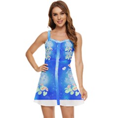 Butterflies T- Shirt Serenity Blue Floral Design With Butterflies T- Shirt Ruffle Edge Bra Cup Chiffon Mini Dress