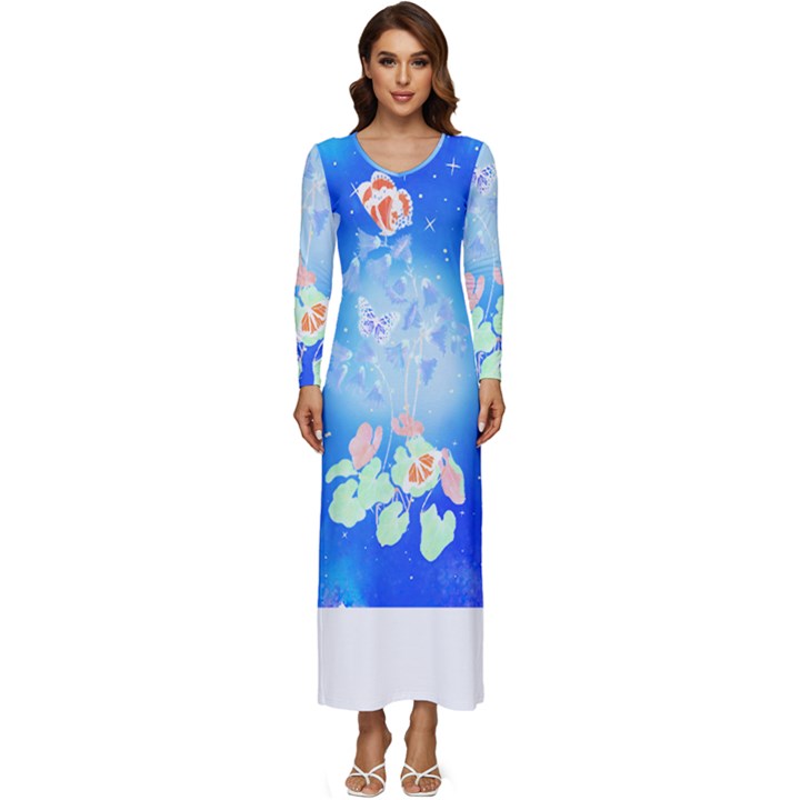 Butterflies T- Shirt Serenity Blue Floral Design With Butterflies T- Shirt Long Sleeve Velour Longline Maxi Dress