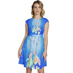 Butterflies T- Shirt Serenity Blue Floral Design With Butterflies T- Shirt Cap Sleeve High Waist Dress