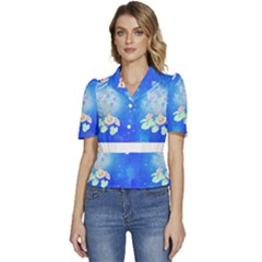 Butterflies T- Shirt Serenity Blue Floral Design With Butterflies T- Shirt Puffed Short Sleeve Button Up Jacket