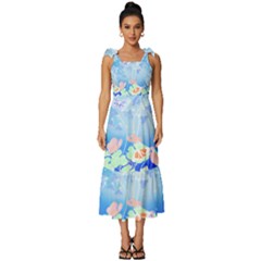 Butterflies T- Shirt Serenity Blue Floral Design With Butterflies T- Shirt Tie-strap Tiered Midi Chiffon Dress