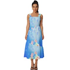 Butterflies T- Shirt Serenity Blue Floral Design With Butterflies T- Shirt Square Neckline Tiered Midi Dress