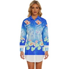 Butterflies T- Shirt Serenity Blue Floral Design With Butterflies T- Shirt Womens Long Sleeve Shirt Dress