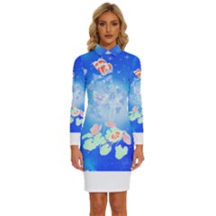 Butterflies T- Shirt Serenity Blue Floral Design With Butterflies T- Shirt Long Sleeve Shirt Collar Bodycon Dress