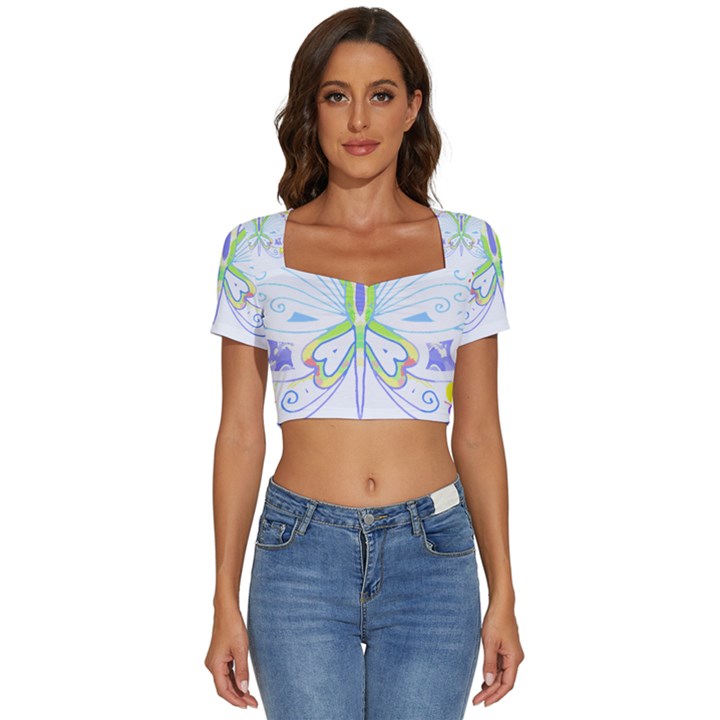 Butterfly Design T- Shirtbutterfly T- Shirt (2) Short Sleeve Square Neckline Crop Top 