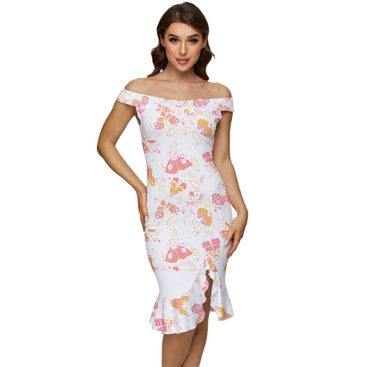 Butterfly T- Shirt Butterflies And Moths Pattern T- Shirt Off Shoulder Ruffle Split Hem Bodycon Dress