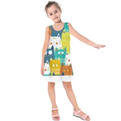 Cat T- Shirt Cute Cats Colorful Seamless Pattern T- Shirt Kids  Sleeveless Dress by maxcute