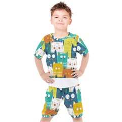 Cat T- Shirt Cute Cats Colorful Seamless Pattern T- Shirt Kids  Tee And Shorts Set by maxcute