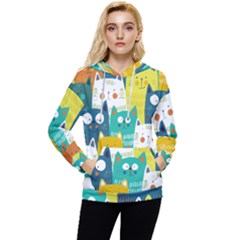 Cat T- Shirt Cute Cats Colorful Seamless Pattern T- Shirt Women s Lightweight Drawstring Hoodie