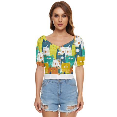 Cat T- Shirt Cute Cats Colorful Seamless Pattern T- Shirt Button Up Blouse by maxcute