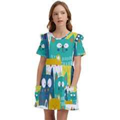 Cat T- Shirt Cute Cats Colorful Seamless Pattern T- Shirt Kids  Frilly Sleeves Pocket Dress by maxcute