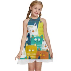 Cat T- Shirt Cute Cats Colorful Seamless Pattern T- Shirt Kids  Halter Collar Waist Tie Chiffon Dress by maxcute