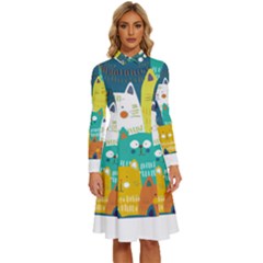 Cat T- Shirt Cute Cats Colorful Seamless Pattern T- Shirt Long Sleeve Shirt Collar A-line Dress