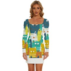 Cat T- Shirt Cute Cats Colorful Seamless Pattern T- Shirt Long Sleeve Square Neck Bodycon Velour Dress